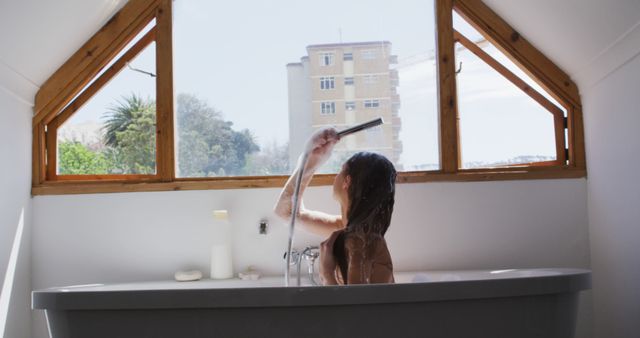 Woman Relaxing in Bath with Outside View - Download Free Stock Images Pikwizard.com