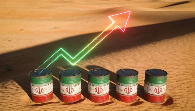 Highlighting iran oil price surge with painted barrels on desert dunes and neon arrow