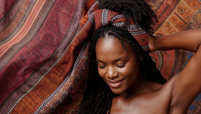 Smiling woman holding patterned headwrap, showcasing long locs and bare shoulders