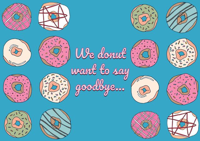 Cute Donut-Themed Goodbye Card with Various Colorful Donuts on Blue Background - Download Free Stock Templates Pikwizard.com