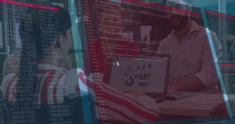 Team Collaborating Over Laptop Dashboard with Code Overlay in Modern Office