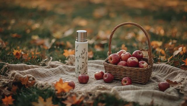 Rustic picnic basket filled with red apples and floral thermos on autumn blanket