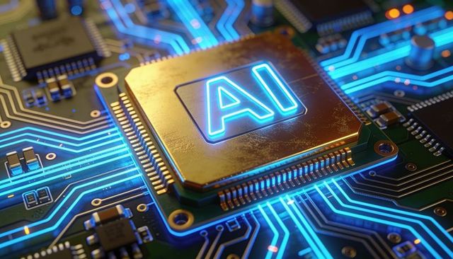 Neon-glowing ai microchip illuminating circuit pathways on high-tech processor board macro