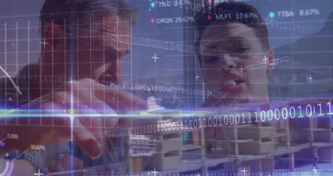 Business Team Engages with Digital Binary Data Interface