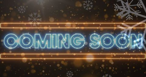 Glowing coming soon banner with winter snowflakes
