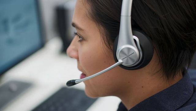 Focused Call Center Agent Wearing Headset Engaged with Screen