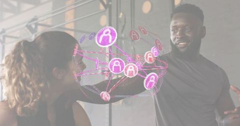 Gym trainers collaborating with holographic network globe for interactive fitness coaching