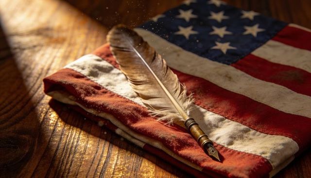 Antique quill pen resting on folded american flag with warm sunlight and dust motes