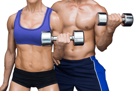 Transparent midsection athletes couple lifting dumbbells health fitness