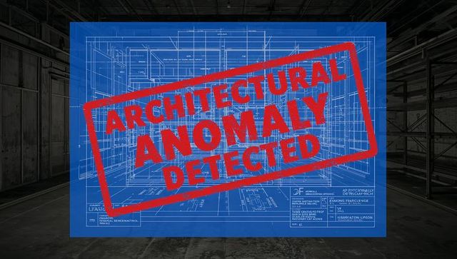 Displaying blueprint with red architectural anomaly detected stamp in industrial warehouse