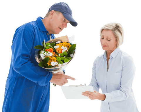transparent delivery man giving floral bouquet to smiling customer - Download Free Stock Videos Pikwizard.com