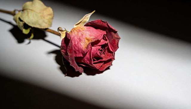 Withered red rose lying on matte tabletop casting stark diagonal shadow, closeup, moody
