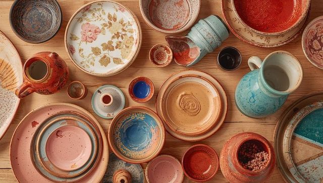 Displaying rustic handmade ceramic tableware on wooden tabletop, floral plate and seed jar