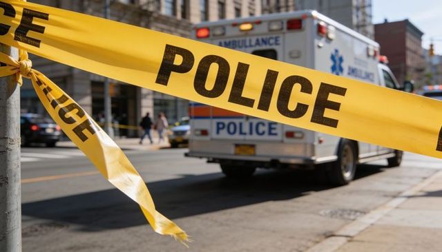 Yellow police tape blocking downtown street with ambulance and people in urban emergency