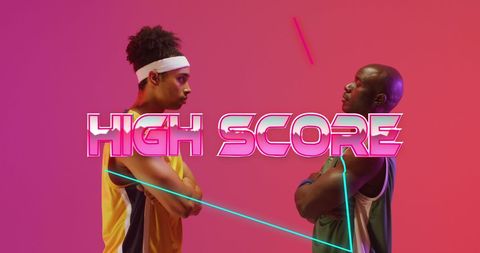 Retro Neon High Score Theme with Diverse Basketball Players - Download Free Stock Images Pikwizard.com