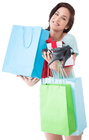 Transparent happy shopper with bags and gifts displaying mouthwear purchase