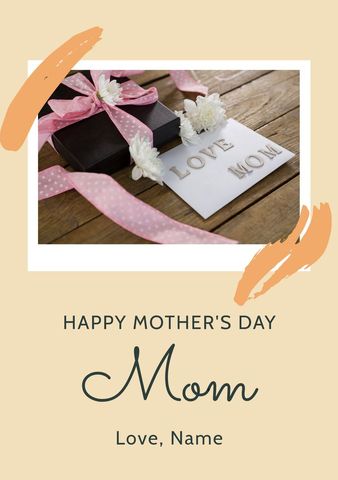 Mother's day greeting card with gift and flowers