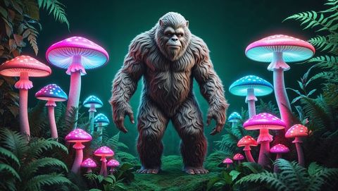 Majestic ape in enchanted forest with glowing mushrooms