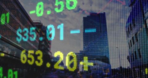 Financial Stock Data Banners Amidst Urban Skyscrapers - Download Free Stock Images Pikwizard.com