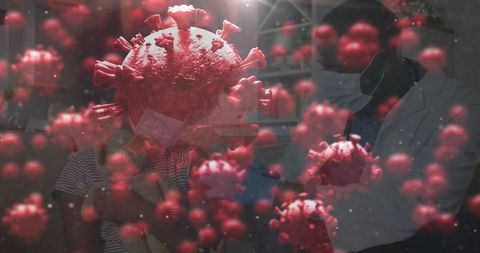 Masked pediatrician examining child with red 3d coronavirus overlay representing contagion