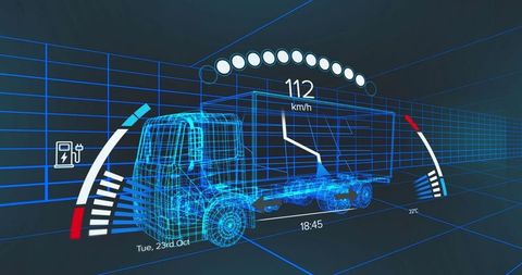 Futuristic wireframe truck dashboard display digital interface