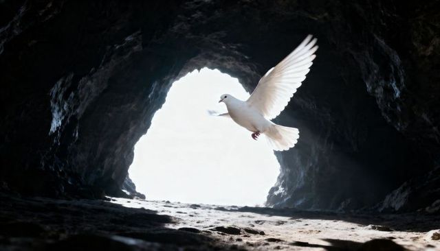White dove gliding into light through sea cave entrance with dramatic backlighting