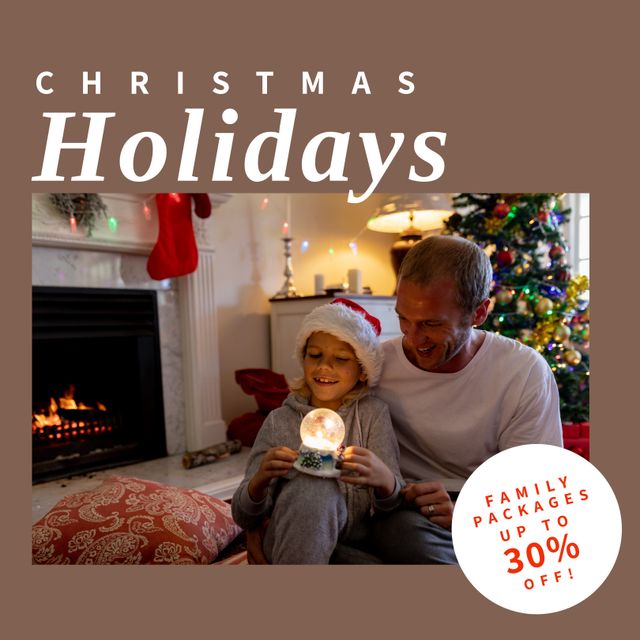 A father and daughter enjoying Christmas Eve by the fireplace, surrounded by festive decorations and a beautifully lit Christmas tree. Ideal for holiday promotions, festive greeting cards, family-oriented advertisements, and social media posts focusing on Christmas and family togetherness.