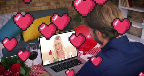 Virtual romantic date with digital hearts overlay