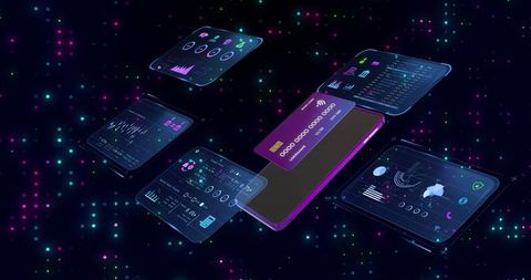 Neon holographic mobile banking interface with virtual credit card and floating dashboards