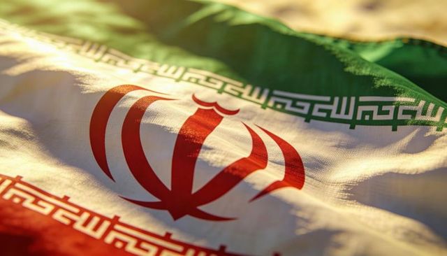 Iranian flag fluttering in golden sunlight close-up showing red emblem and green red bands