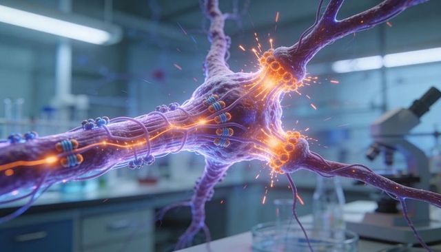 Neuron synapse pulsing with orange currents and ring modules on laboratory bench microscope