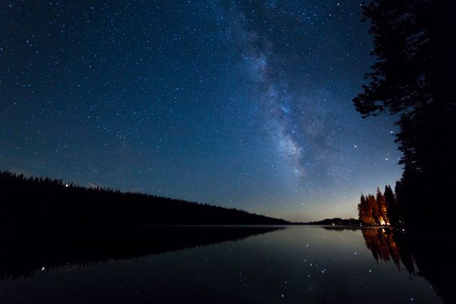 Milky Way Reflected in Calm Lake with Forest Silhouette - Download Free Stock Photos Pikwizard.com