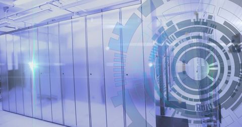 Digital composite of server room with futuristic interface overlay