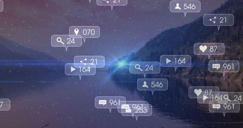 Digital notification overlays glowing over tranquil dusk lake with lens flare reflections