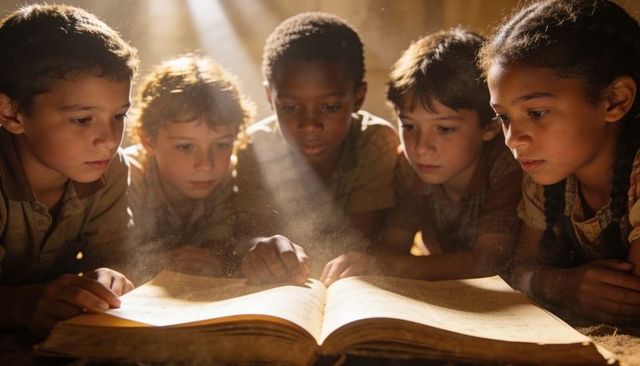 Children leaning over ancient book in sunlit attic, discovering dusty pages together