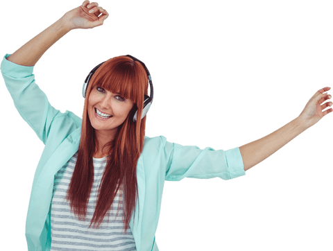 Cheerful Hipster Woman Dancing with Headphones on Transparent Background