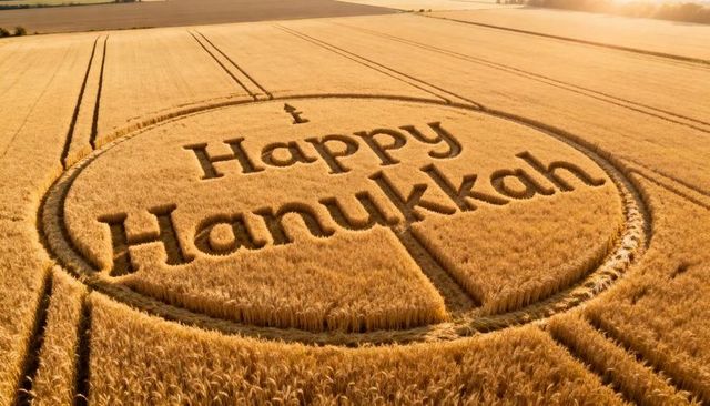 Aerial golden wheat circle spelling happy hanukkah across sunlit farmland at golden hour