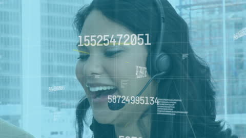 Smiling Customer Service Representative with Digital Overlays