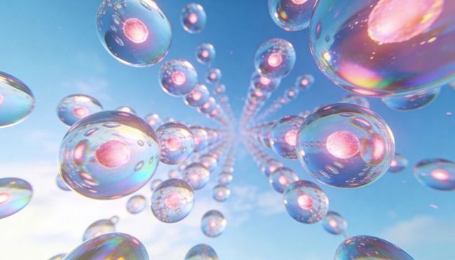 Iridescent Floating Spheres Converging Toward Horizon with Glowing Pink Cores