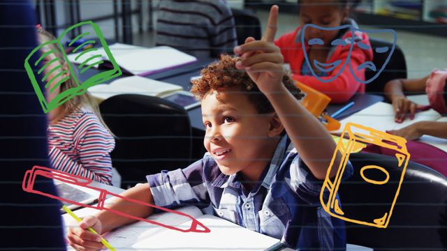 This lively composition features a diverse classroom setting with children eagerly engaged in their learning environment. The animated school icons hovering around them, such as an open book and theatrical masks, add a creative and playful element to the scene. This visual is an ideal fit for educational content, back-to-school promotions, or any project that emphasizes childhood learning and creativity. It effectively conveys the vibrancy and fun of interactive education.