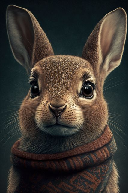 Close-up portrait of a rabbit wearing a warm scarf, showing detailed fur texture and curious eyes. Perfect for animal-themed designs, holiday greetings, or winter-themed projects. This charming and endearing view can be used to highlight themes of warmth, comfort, and coziness.