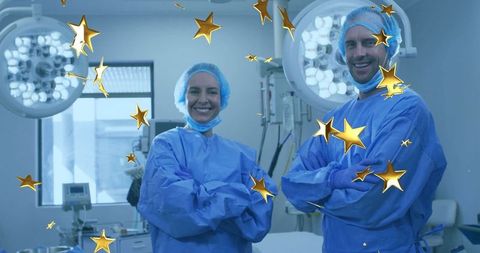 Smiling Surgical Team in Operating Room with Gold Stars