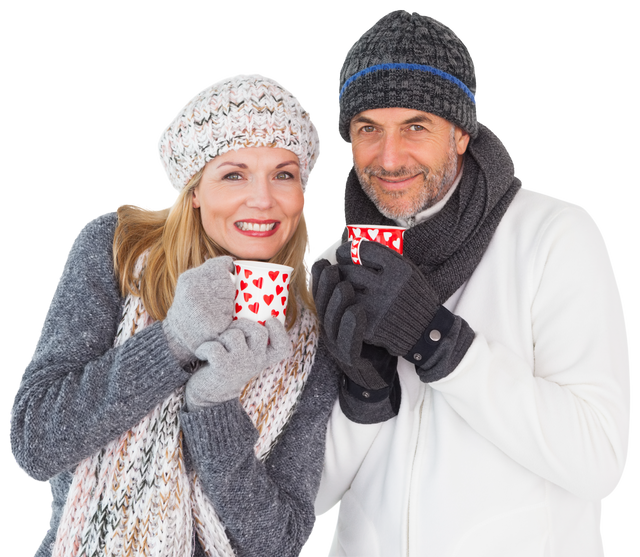 Happy Seniors Enjoying Warm Drinks in Cozy Winter Clothing on Transparent Background - Download Free Stock Videos Pikwizard.com