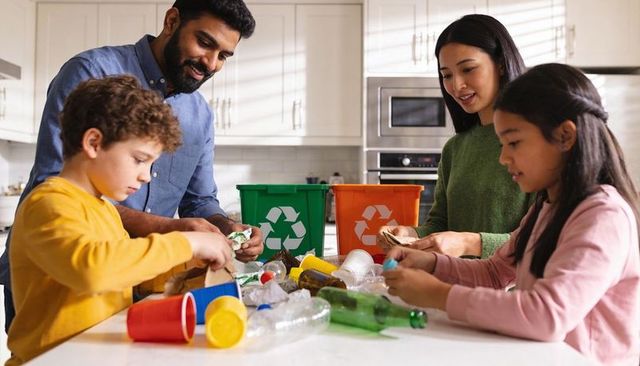 Multicultural family sorting recycling at kitchen island teaching kids sustainable habits