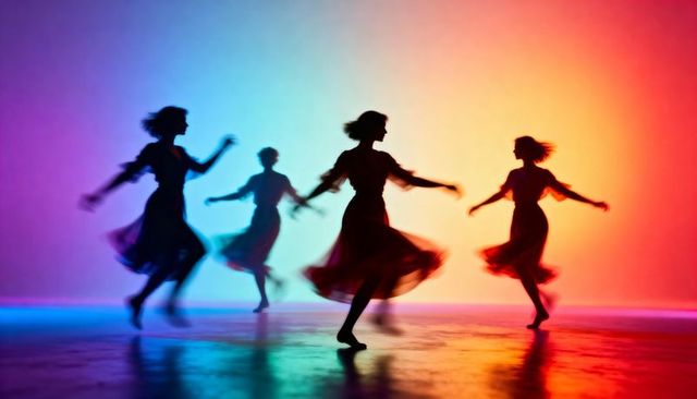 Spinning silhouettes: four female dancers twirling in vibrant gradient stage lighting
