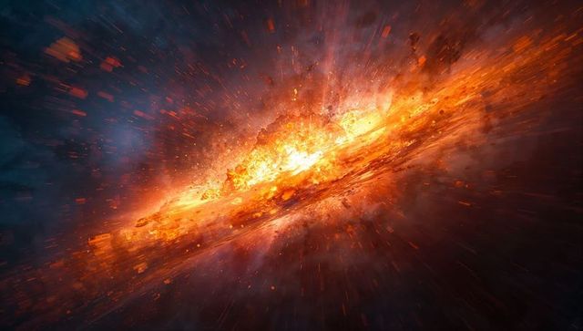 Exploding fiery galactic disk radiating plasma and embers across deep space