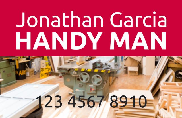 Ideal for creating business cards or flyers, this advertisement promotes handyman services with clear contact details. Featuring a blurred workshop image in the background, it appeals to those looking for professional maintenance, repair, and carpentry services. It enhances marketing materials by providing a visually engaging call to action.