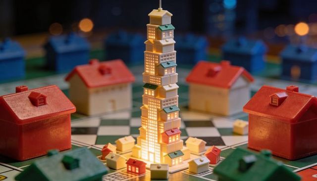 Glowing miniature skyscraper tower standing on checkered game board surrounded by houses
