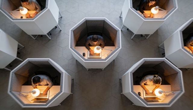 Top-Down View Professionals Working in Octagonal Privacy Pods Typing on Laptops