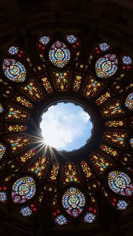 Sunburst Peeking Through Oculus of Stained Glass Dome Vertical Rotunda Video